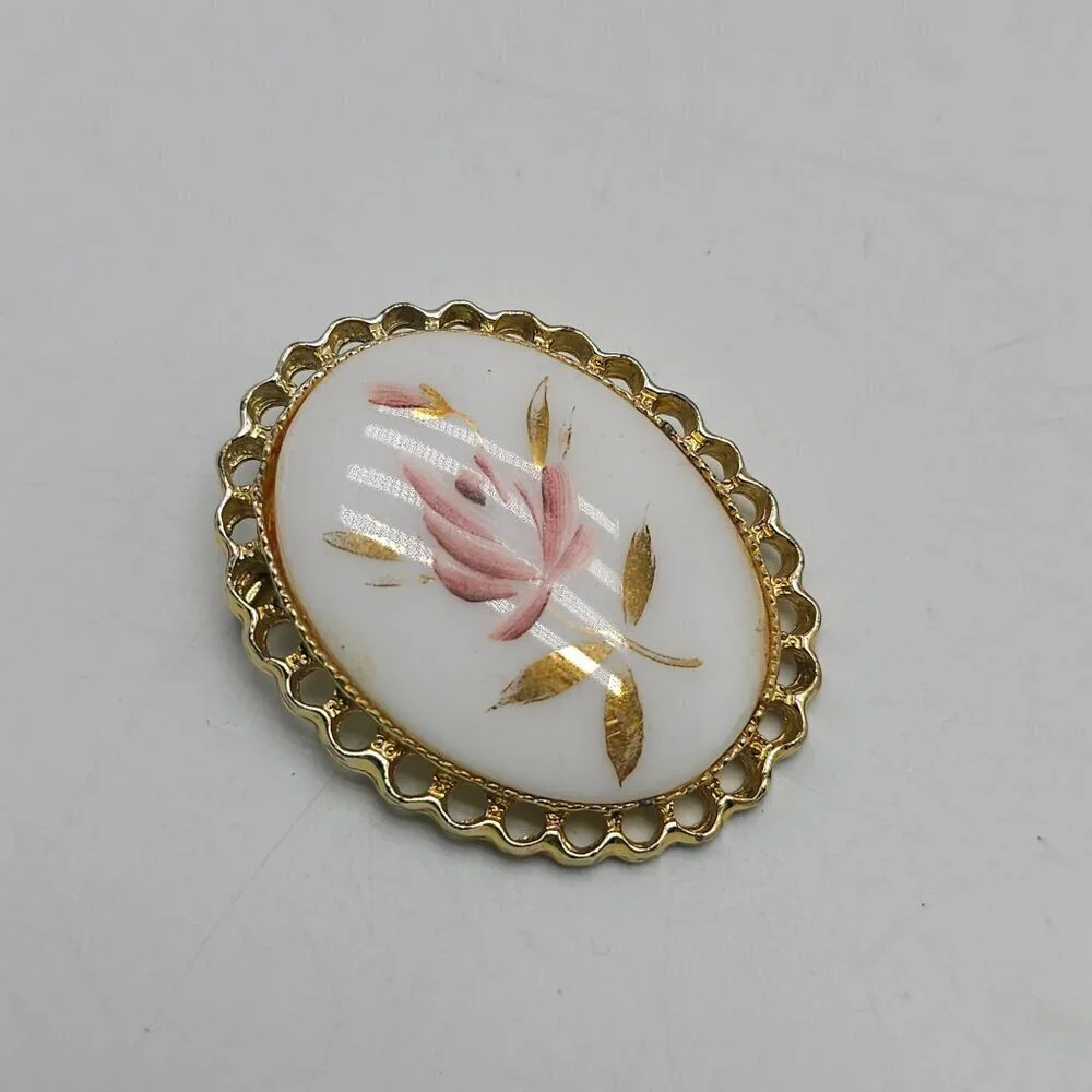 Vintage Gold Toned Oval Brooch Hand Painted Pink Floral Design on Milk Glass
